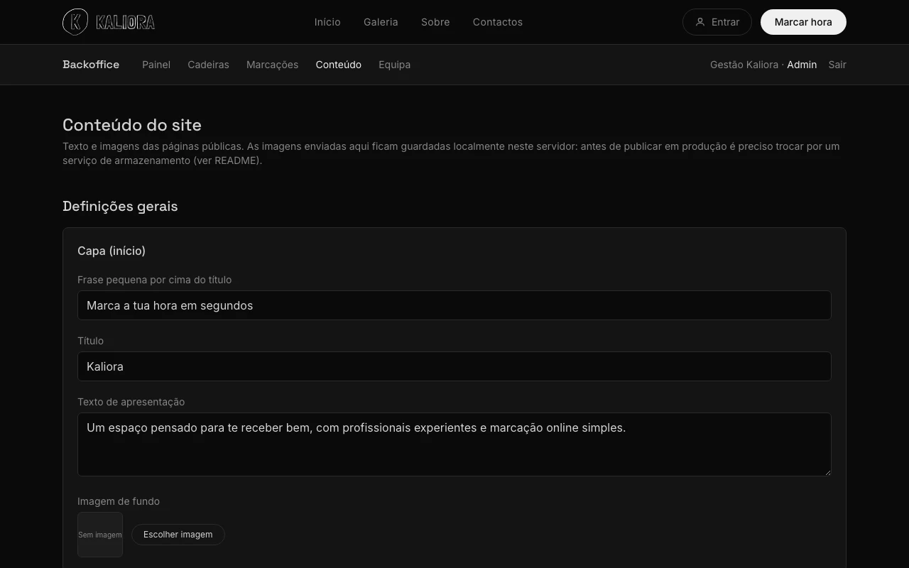 Kaliora backoffice content panel where an admin edits the site's name, tagline and hero copy live