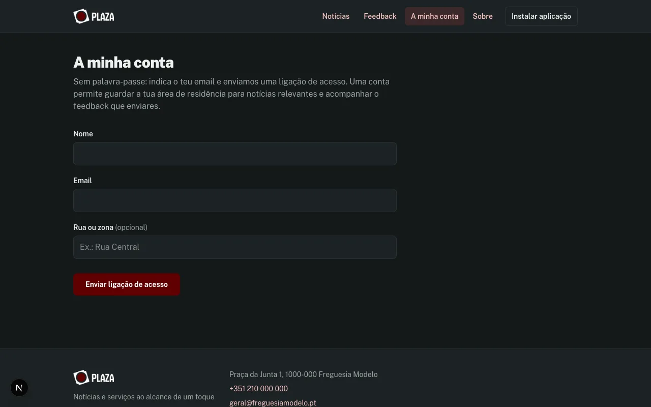 Plaza's passwordless account page, where a citizen signs in with just an email to get a magic link