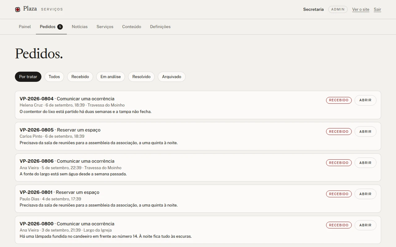 Plaza's request triage: every citizen request with its reference, state and the service it belongs to