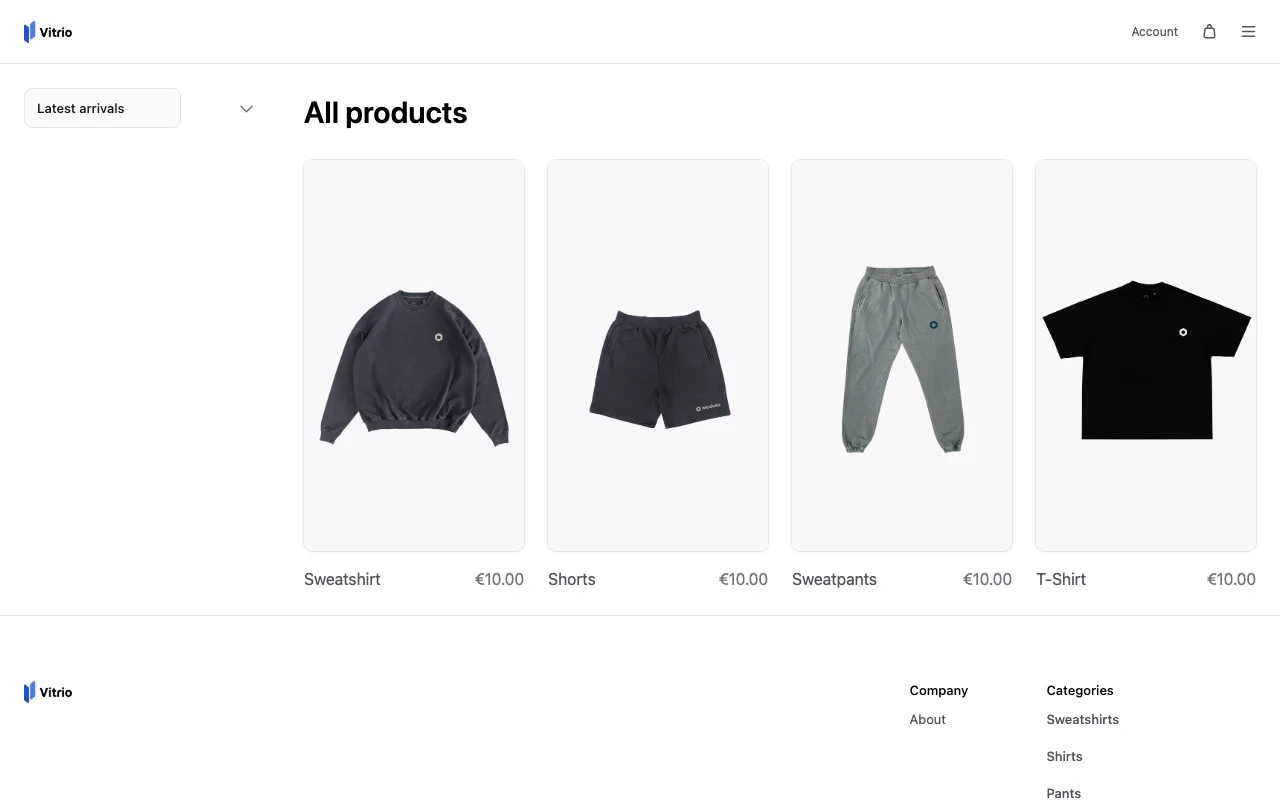 Vitrio's all-products catalog page with a responsive product grid