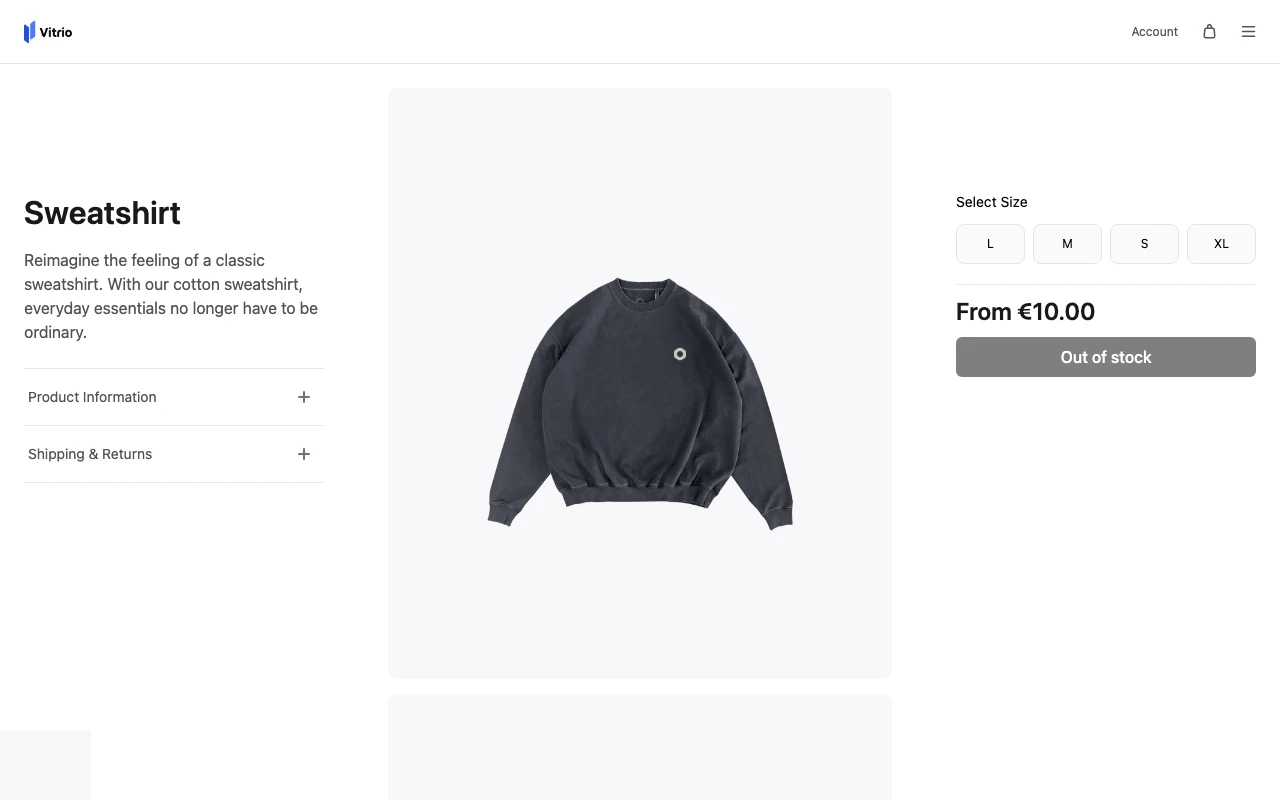 Vitrio product detail page with size selection and live pricing
